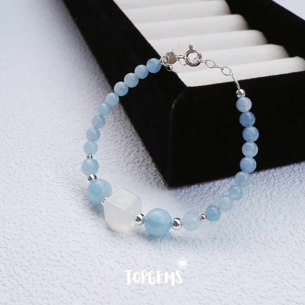 [TẶNG KÈM HỘP] Chuỗi Vòng Tay Aquamarine Mix Agate Mã Não Trắng Charm Bạc 925 TOPGEMS V649D - Ảnh bìa
