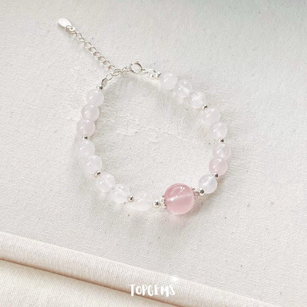 Chuỗi Vòng Tay Đá Thạch Anh Hồng Rose Quartz Tự Nhiên 6 Li Mix Bạc 925 TOPGEMS