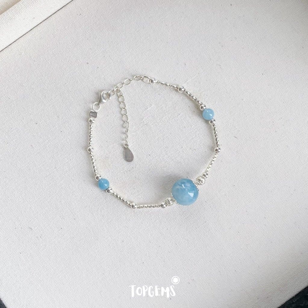 Vòng Tay Aquamarine Nữ Bạc 925 TOPGEMS Lắc Tay Nữ Dạng Charm Kiềng Bạc mix Đá Aquamarine