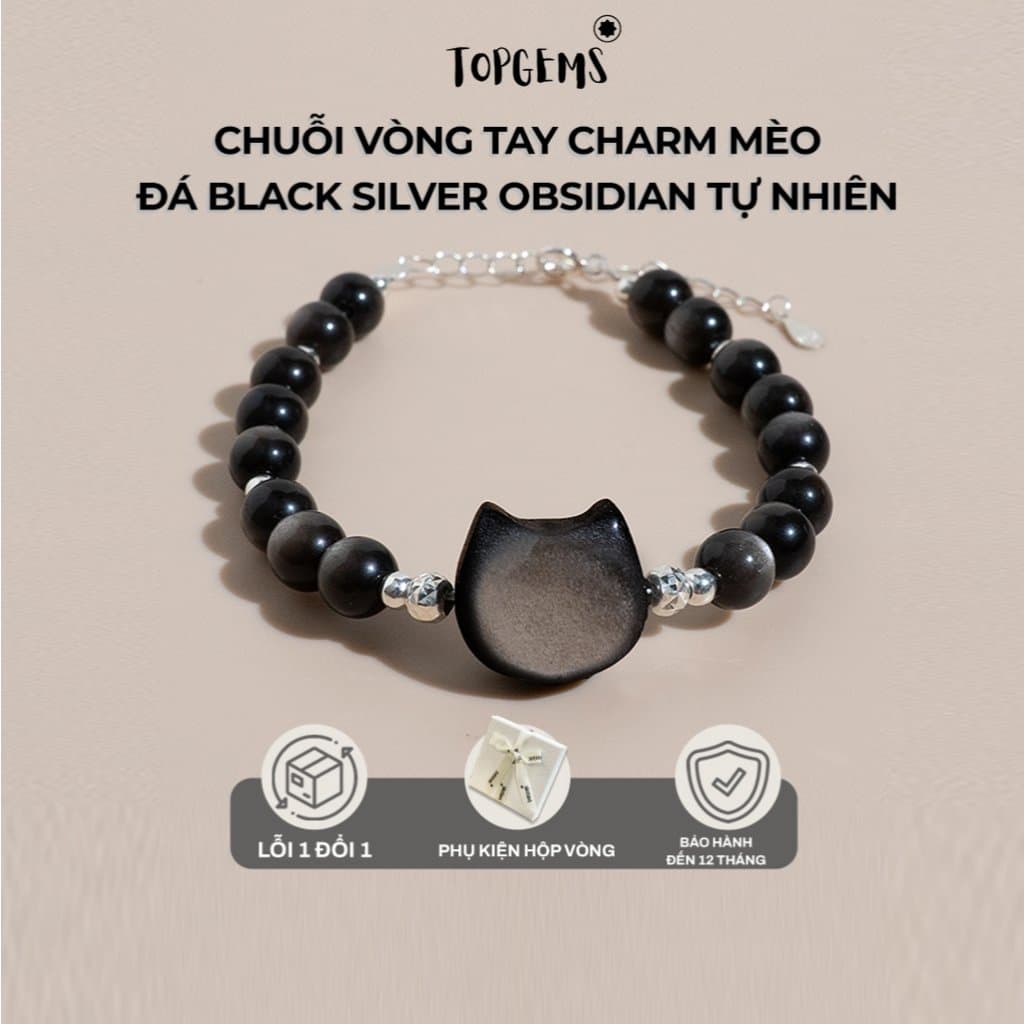 Chuỗi Vòng Tay Charm Mèo Đá Black Silver Obsidian Tự Nhiên Dòng Đá Mắt Mèo Đen Ánh Bạc Mix Bạc 925 TOPGEMS V635B - Ảnh bìa