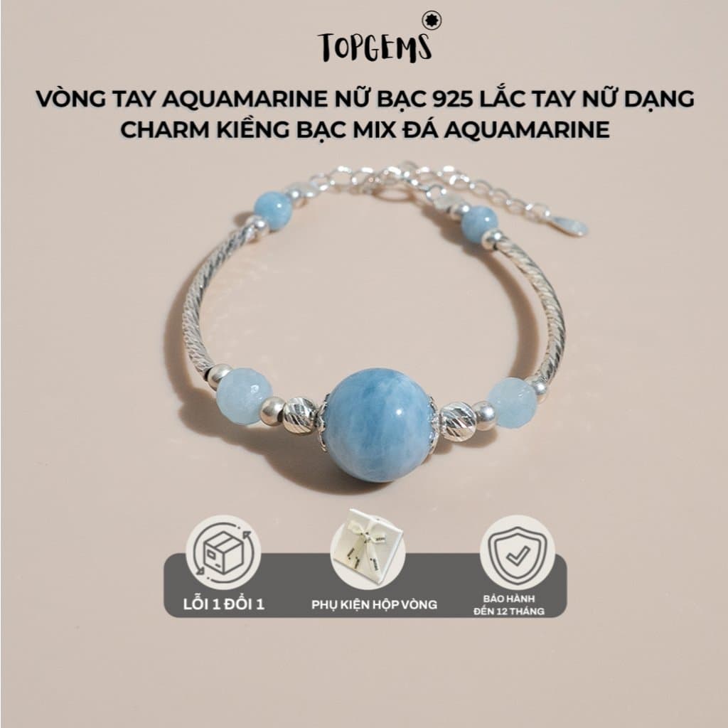Vòng Tay Aquamarine Nữ Bạc 925 TOPGEMS Lắc Tay Nữ Dạng Charm Kiềng Bạc mix Đá Aquamarine